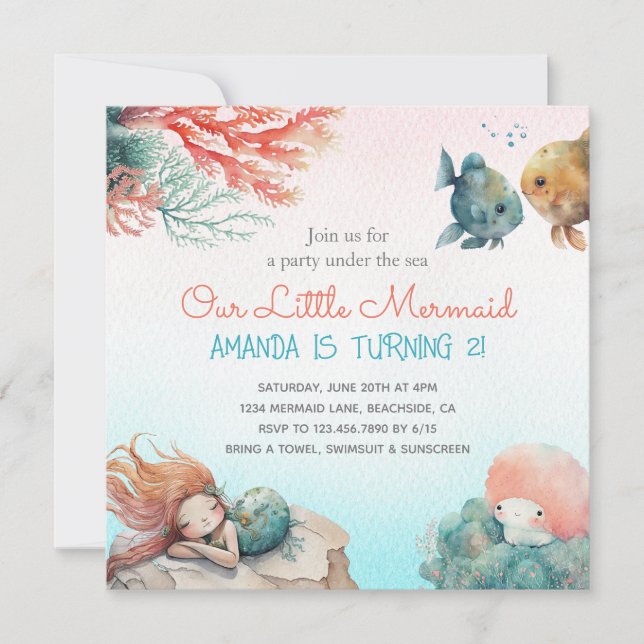 Invitación Magical Under the Sea Watercolor Chica (Anverso)