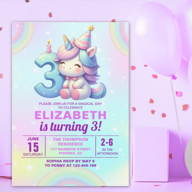 Invitación Magical Unicorn 3rd Birthday Invitation – Rainbow  (Subido por el creador)