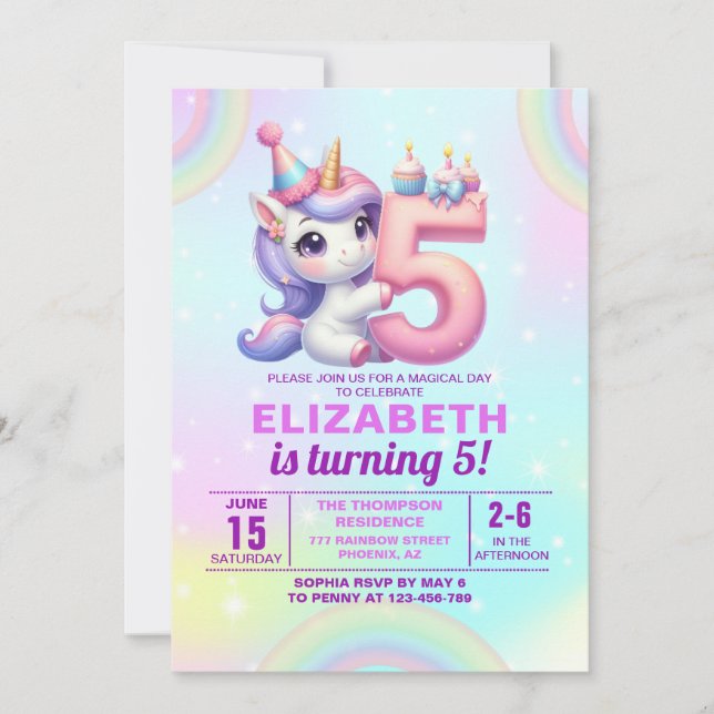 Invitación Magical Unicorn 5th Birthday – Rainbow theme (Anverso)