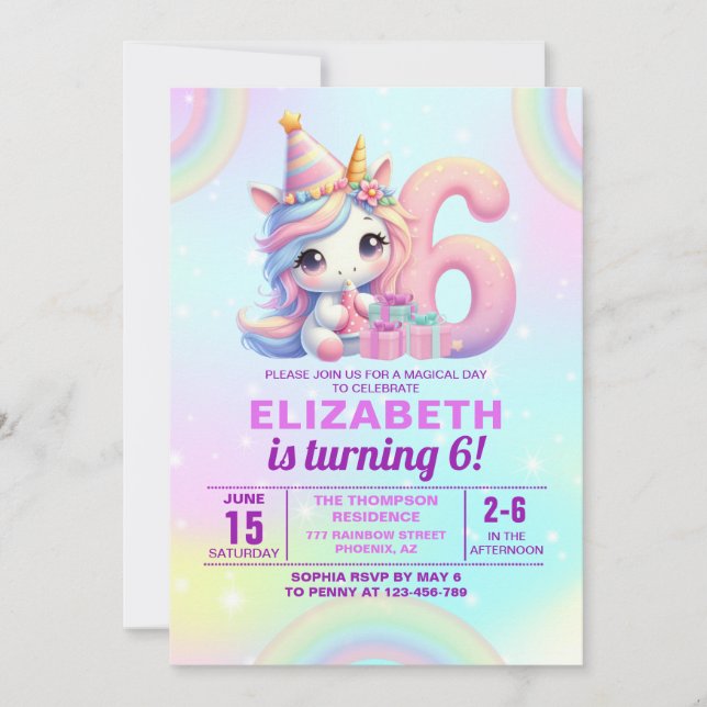 Invitación Magical Unicorn 6th Birthday – Rainbow (Anverso)