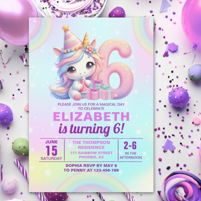 Invitación Magical Unicorn 6th Birthday – Rainbow (Subido por el creador)