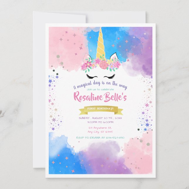 Invitación Magical Unicorn Gold Birthday Party for Girl (Anverso)