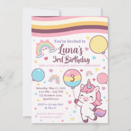 Invitación Magical Unicorn & Rainbow Girl Third Birthday 