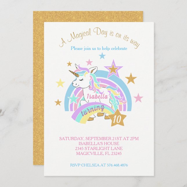Invitación Magical Unicornio 00º cumpleaños (Anverso / Reverso)