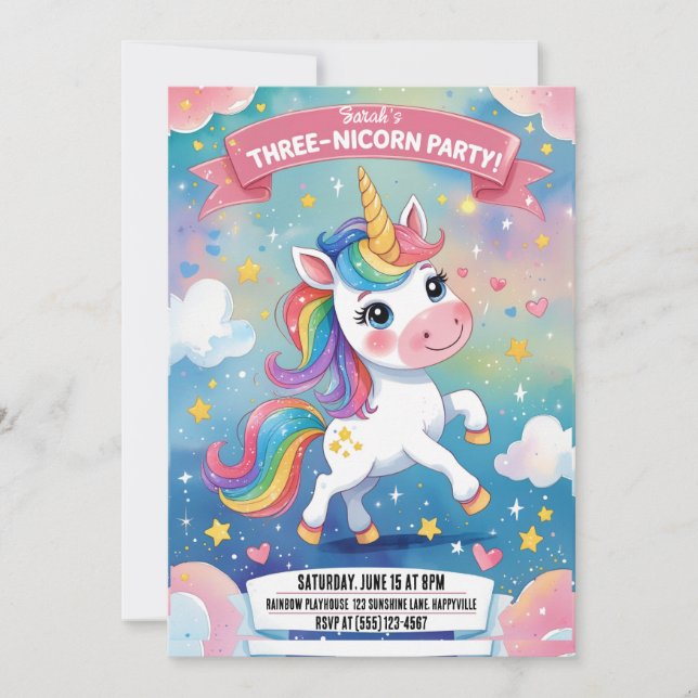 Invitación Magical unicornio 3er cumpleaños | Rosa (Anverso)