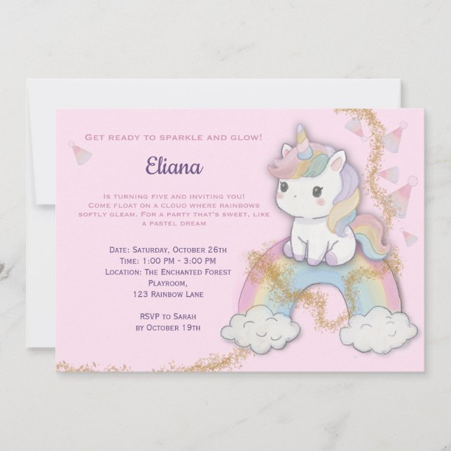 Invitación Magical Unicornio 5 cumpleaños Pastel Arcoiris (Anverso)