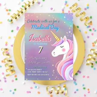 Invitación Magical Unicornio 7 cumpleaños Pastel Rainbow Tema