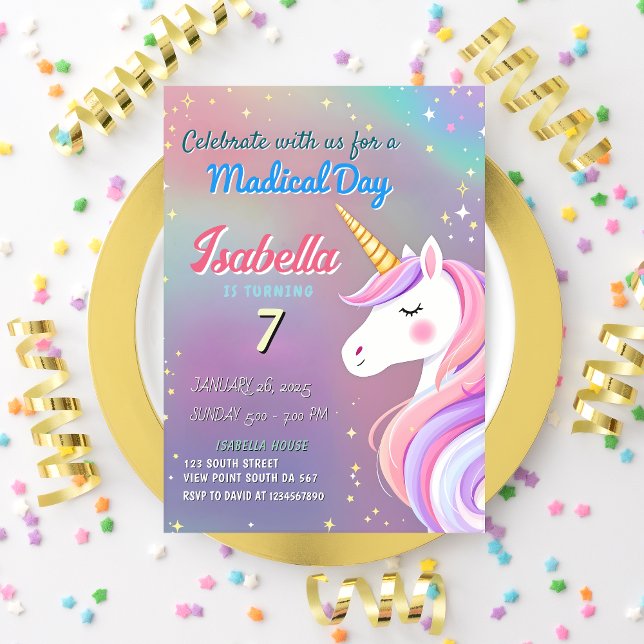 Invitación Magical Unicornio 7 cumpleaños Pastel Rainbow Tema (Subido por el creador)