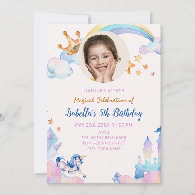 Invitación Magical Unicornio Arcoiris 5 cumpleaños (Anverso)