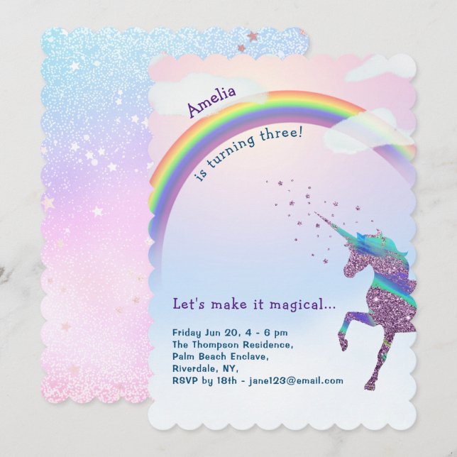 Invitación Magical unicornio, arcoiris y estrellas Purpurina  (Anverso / Reverso)