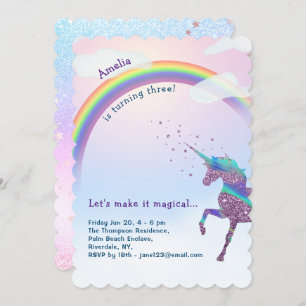 Invitación Magical unicornio, arcoiris y estrellas Purpurina 