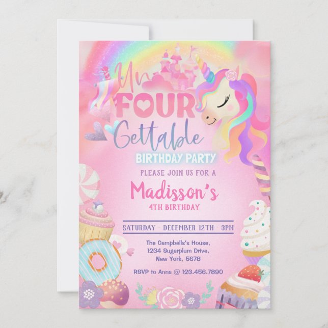 Invitación Magical Unicornio Donut Sweet 4º cumpleaños (Anverso)