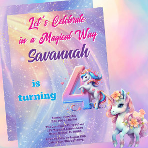 Invitación Magical Unicornio Pastel 4º Fiesta de cumpleaños