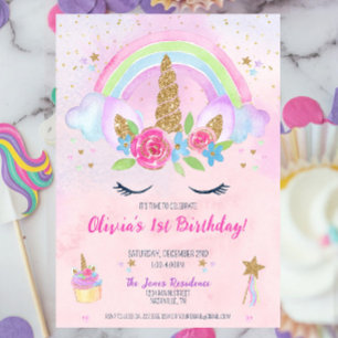 Invitación Magical unicornio Rainbow 1er cumpleaños