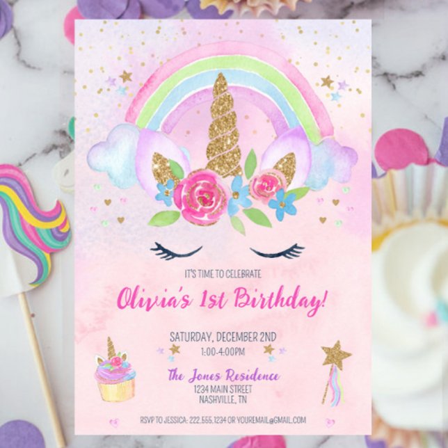 Invitación Magical unicornio Rainbow 1er cumpleaños (Pink Magical Unicorn Rainbow 1st Birthday Party Invitation, Pastel Unicorn Party, Girl Birthday)