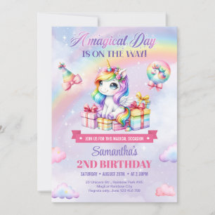 Invitación Magical Unicornios Morado Watercolor Segundo Cumpl