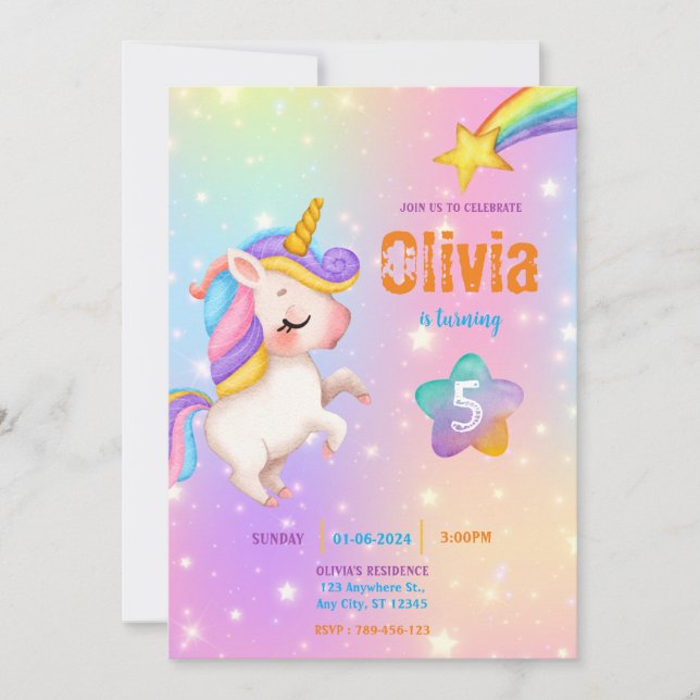 Invitación Magical Unicorns Purple Birthday Party  (Anverso)