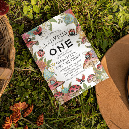 Invitación Magical Watercolor Cute Ladybug Chicas 1er cumplea