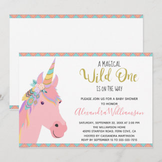 Invitación Magical Wild One Unicorn Pink Gold Baby Shower