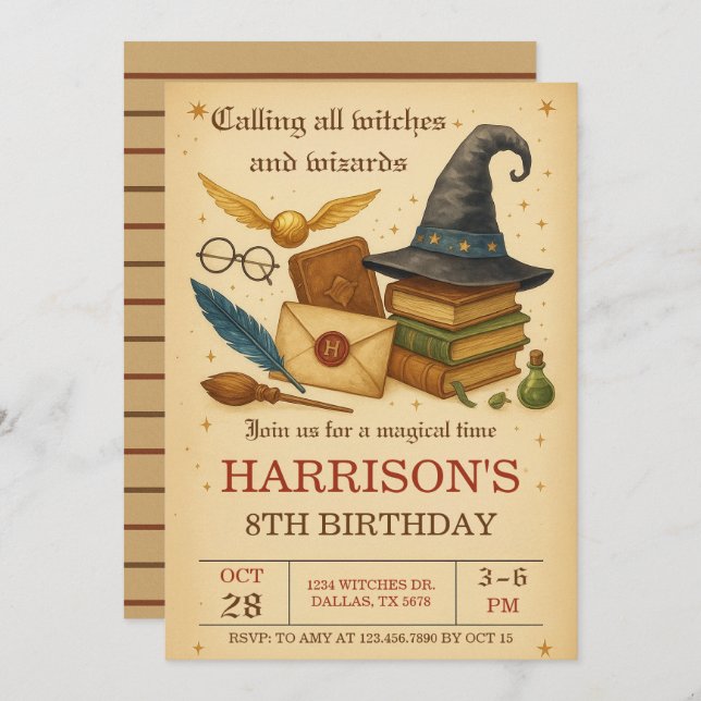Invitación Magical Wizard and Witches Birthday (Anverso / Reverso)