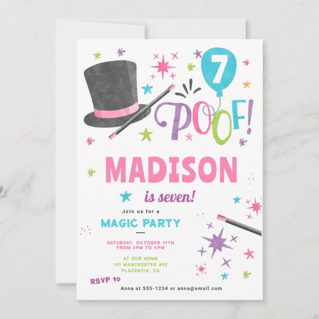 Invitación Magician, Chica de la fiesta de cumpleaños mágico (Anverso)