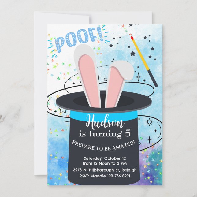 Invitación Magician hat and bunny boy birthday invite. (Anverso)
