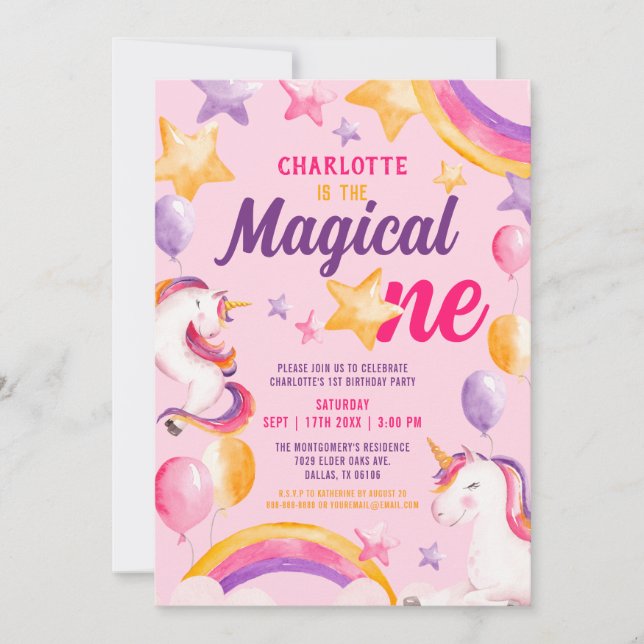 Invitación Magico arcoiris unicornio un primer cumpleaños (Anverso)