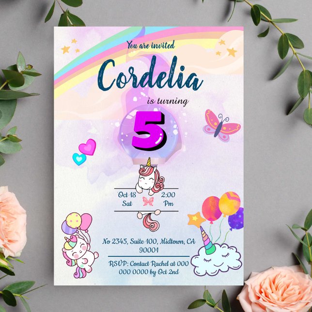 Invitación Magico arcoiris vibrante Unicornio 5 cumpleaños (Subido por el creador)