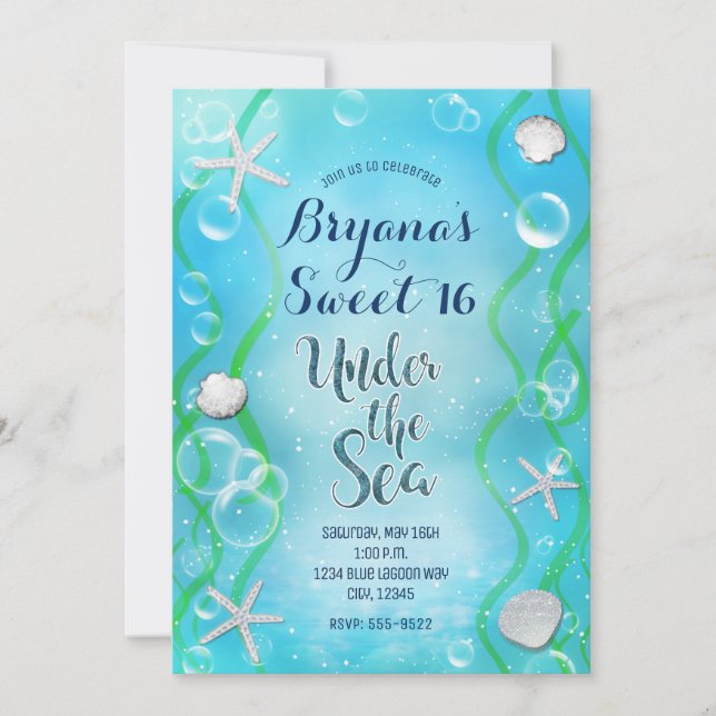 Invitación Mágico Bajo el Mar Azul Turquesa Dulces 16 (Anverso)