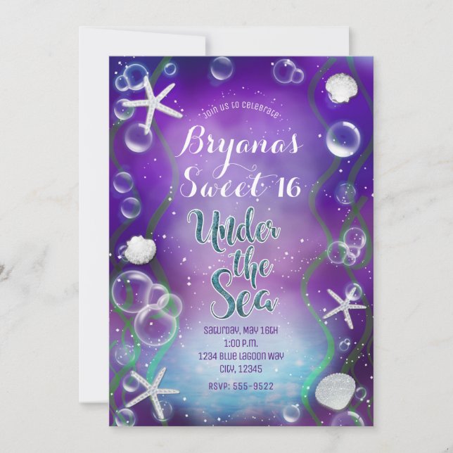 Invitación Mágico bajo el mar cumpleaños 16 morado dulce (Anverso)