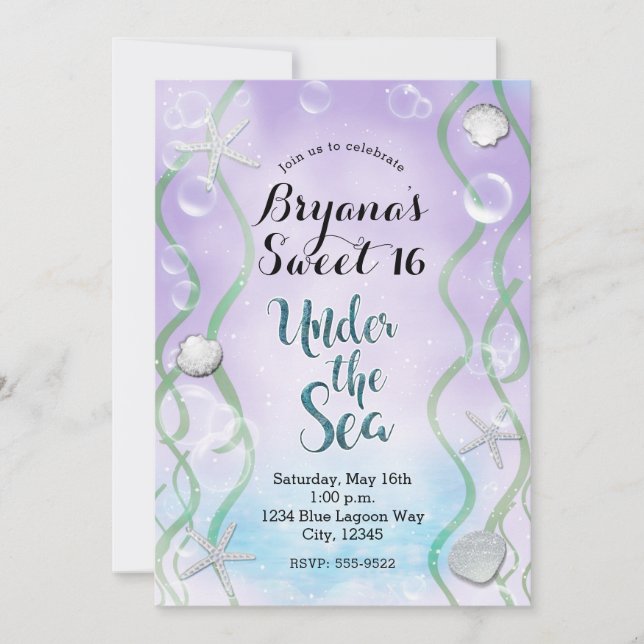 Invitación Mágico Bajo el Mar Lavanda Cumpleaños Dulces 16 (Anverso)