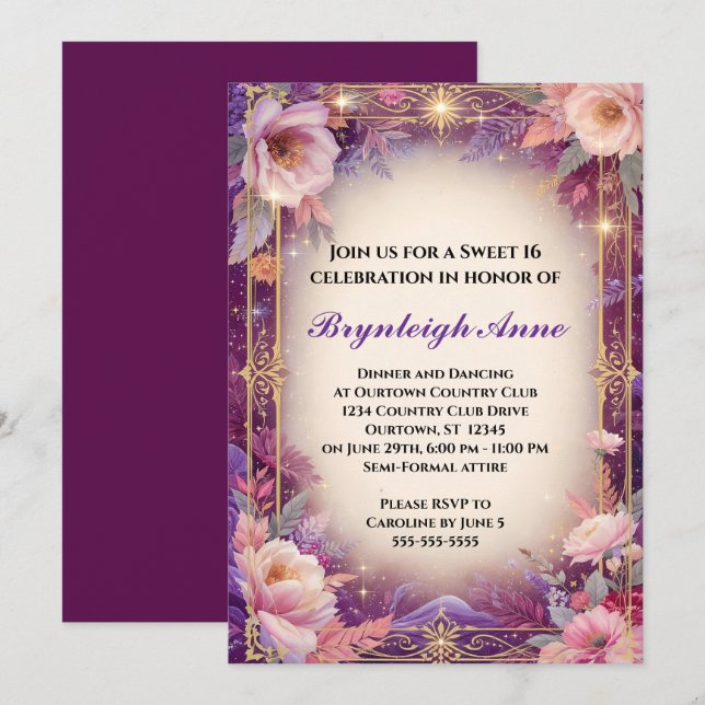 Invitación Mágico Cumpleaños de Chicas Adolescentes con Flore (Anverso / Reverso)