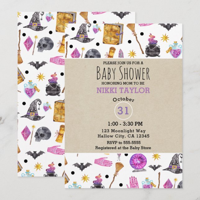 Invitación Mágico Halloween Acuarela Baby Shower Caprichoso (Anverso / Reverso)