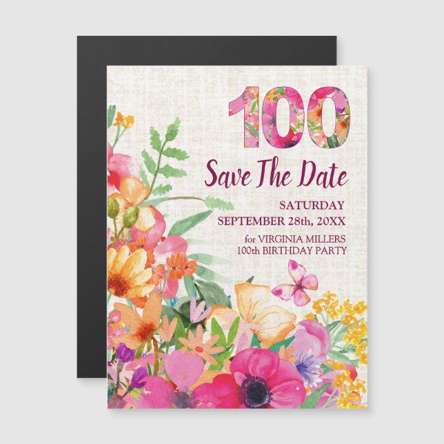 Invitación Magnética 100 Floral Linen 100 cumpleaños Guardar la fecha (Anverso/Reverso)