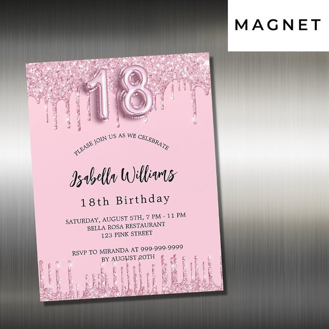 Invitación Magnética 18 purpurina rosa de cumpleaños gotea lujo (Subido por el creador)