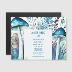 Invitación Magnética 1.ᵉʳ primer cumpleaños Fiesta Blue White Mushroom