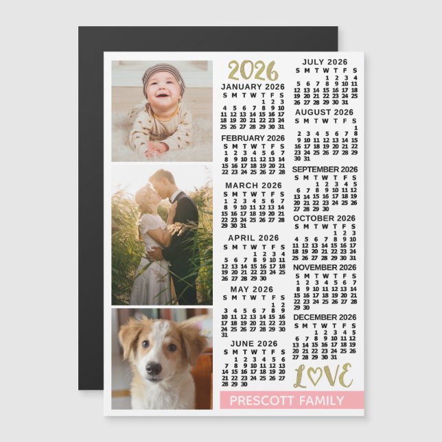 Invitación Magnética 2026 Calendar Blush Pink Gold Custom Family Photos (Anverso/Reverso)