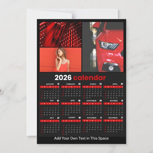 Invitación Magnética 2026 Year Calendar Black Red Personalized Photo (Anverso)