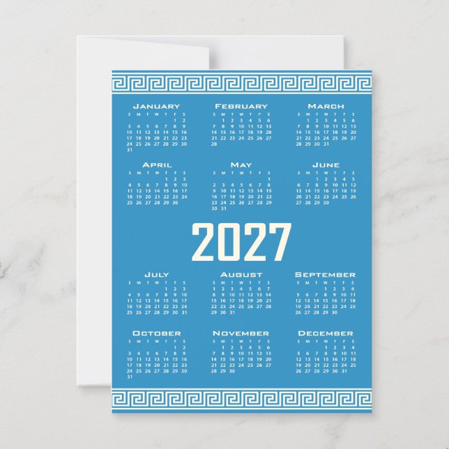 Invitación Magnética 2027 Calendar, Greek Fret, Cosmic Latte on Blue (Anverso)