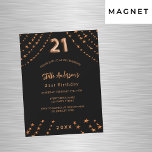 Invitación Magnética 21 cumpleaños rosa negro estrellas de oro lujo<br><div class="desc">Para un elegante fiesta de 21 años. Un fondo negro. Decorado con estrellas de oro rosa. Personalice y añada un nombre,  detalles del fiesta,  año de nacimiento. El nombre se escribe con un guión de estilo con letras a mano</div>