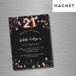 Invitación Magnética 21 cumpleaños rosa negro estrellas de oro lujo<br><div class="desc">Un fondo negro clásico,  decorado con estrellas doradas subió. Personalice y agregue un nombre y detalles del fiesta. El número 21 se escribe con un guión de estilo globo.</div>