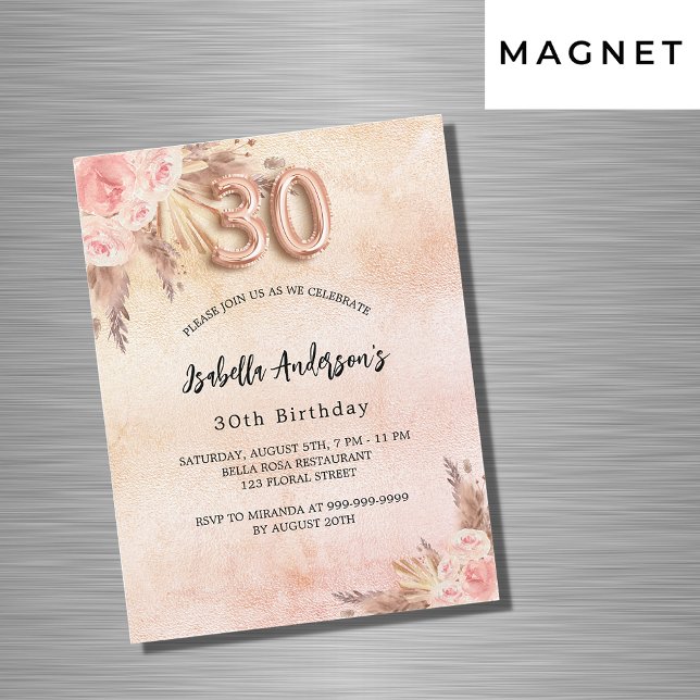 Invitación Magnética 30 cumpleaños pampas rosa flor de oro (Subido por el creador)