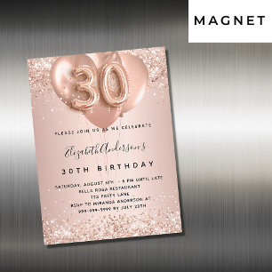 Invitación Magnética 30 cumpleaños rosa globos de lujo dorado