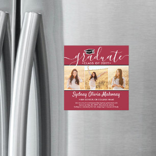 Invitación Magnética 3 Anuncio de Graduación Magnético Rojo Blanco Foto