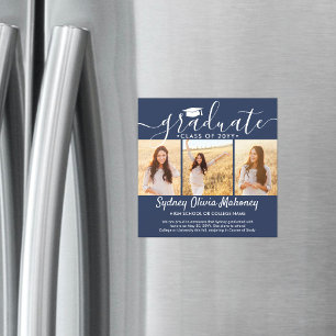 Invitación Magnética 3 Foto Anuncio de Graduación Magnético Azul Marino