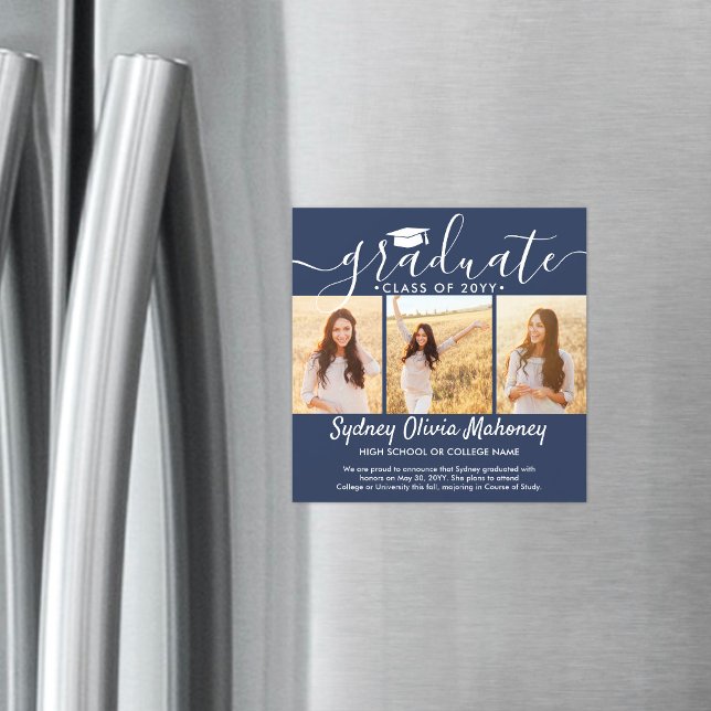 Invitación Magnética 3 Foto Anuncio de Graduación Magnético Azul Marino (Subido por el creador)