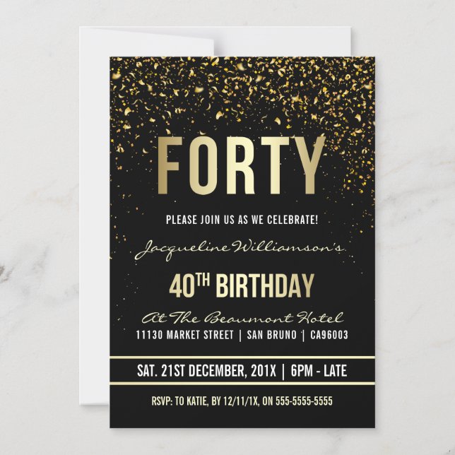 Invitación Magnética 40.º Fiesta de cumpleaños | Confetti de oro deslum (Anverso)