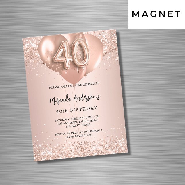 Invitación Magnética 40.º rosa de oro de lujo (Subido por el creador)