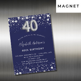 Invitación Magnética 40 años estrellas de plata azul marino lujo