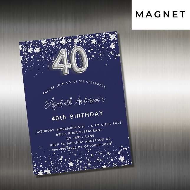 Invitación Magnética 40 años estrellas de plata azul marino lujo (Subido por el creador)